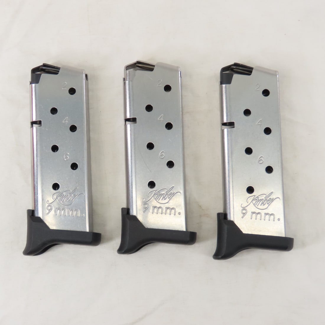 3 Kimber 9mm 6 round magazines: 3 Kimber 9mm 6 round magazines - 1 is TAC MAG ELITE. Lot size: 6 x 6 x 6", 1lb. Photos are part of description. Live Auctioneers displays a max of 20 photos- all photos can be seen on Proxibid and