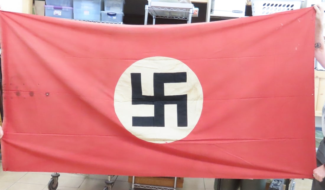 Early WWII German Sewn Flag: Early WWII German Sewn Flag - both sides with sewn insignia. partial name stitched in, some damage as shown Flag is 92 x 48", Lot size: 14 x 12 x 2", 3 lbs Photos are part of description. Live