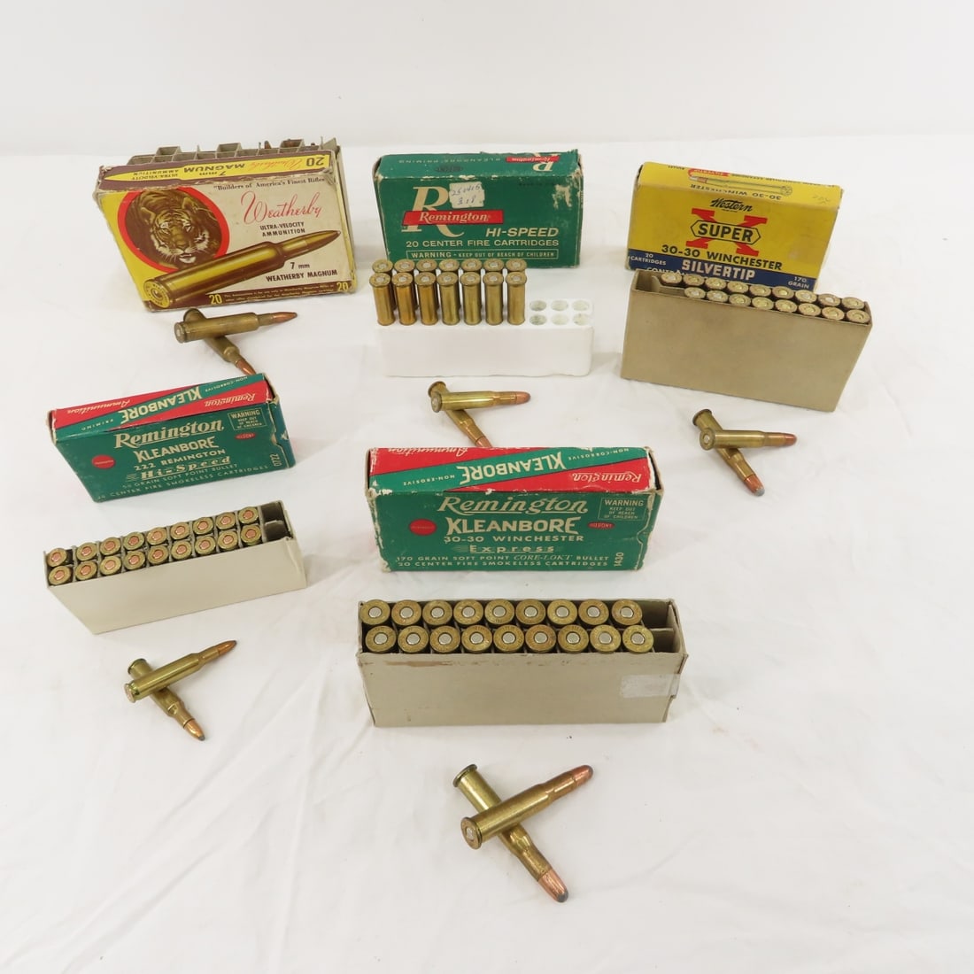 Ammunition: 55 rds 30-30 WIN, 20 rds .222REM & 7mm: Ammunition: 55 rds 30-30 WIN, 20 rds .222REM & 7mm - 1) 20 rds .222 REM Remington Kleanbore 50 gr SP, Hi-Speed in box, 2) 6 rds & 11 cases Weatherby 7mm MAG, 154 GR, ultra velocity, in box, 3) 19 rds