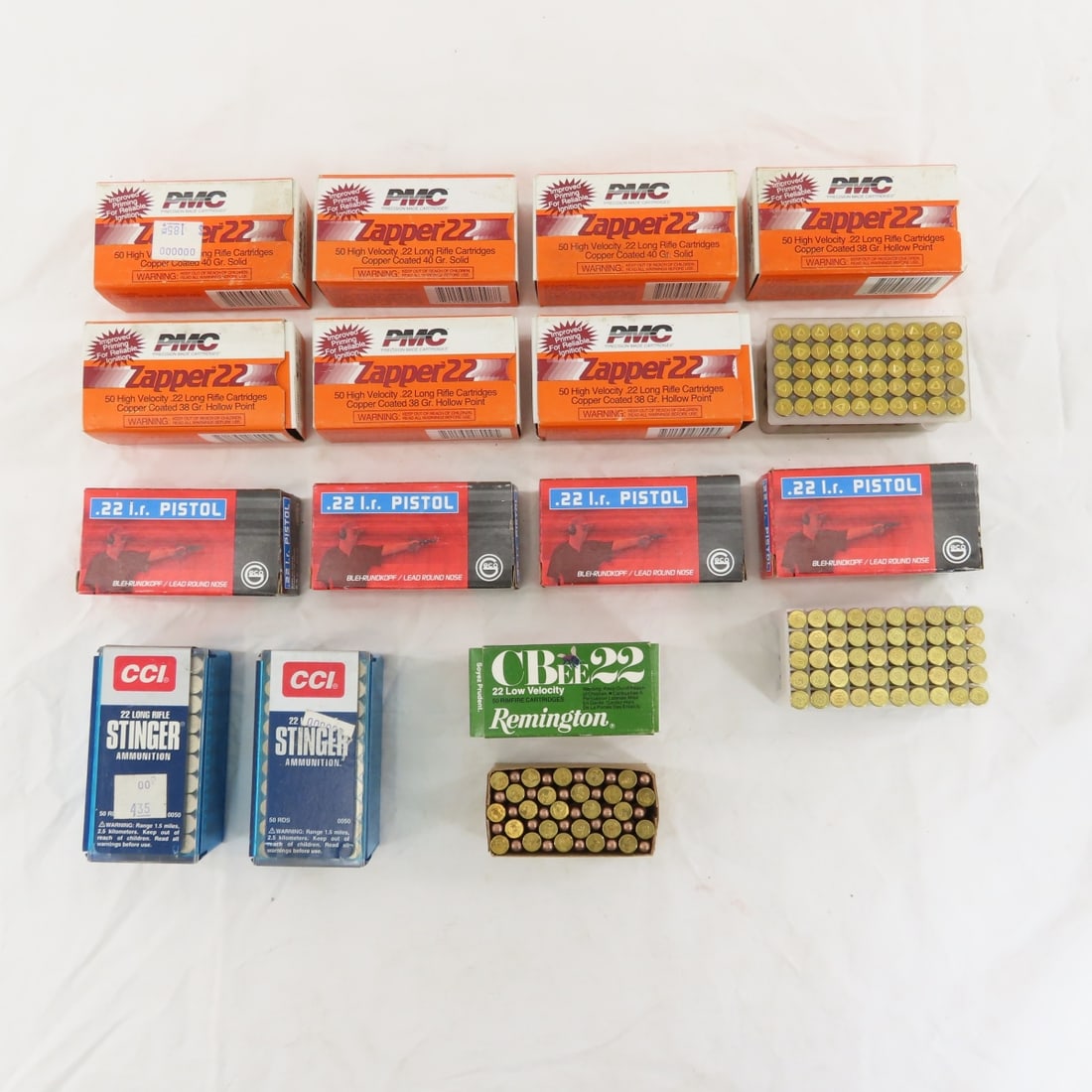 Ammunition: 700 Assorted Rounds .22 LR: Ammunition: 700 Assorted Rounds .22 LR - 1) 200 Rds PMC Zapper 22, .22 LR 38 gr copper HP (4 boxes), 2) 200 rds Geco .22 LR 40 gr lead (4 boxes), 3) 150 rds PMC Zapper .22 LR 40 gr copper (3 boxes), 4