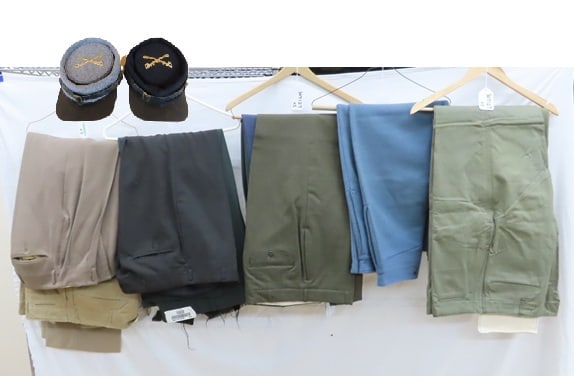 13 Pair Vintage US Military Dress Pants & 2 Caps: 13 Pair Vintage US Military Dress Pants & 2 Caps - Wool, Khaki, Cotton, Blue, Green. Some Named, reproduction Civil War Blue wool pants and 2 caps (size M), No tags on pants, Approximate: 34"