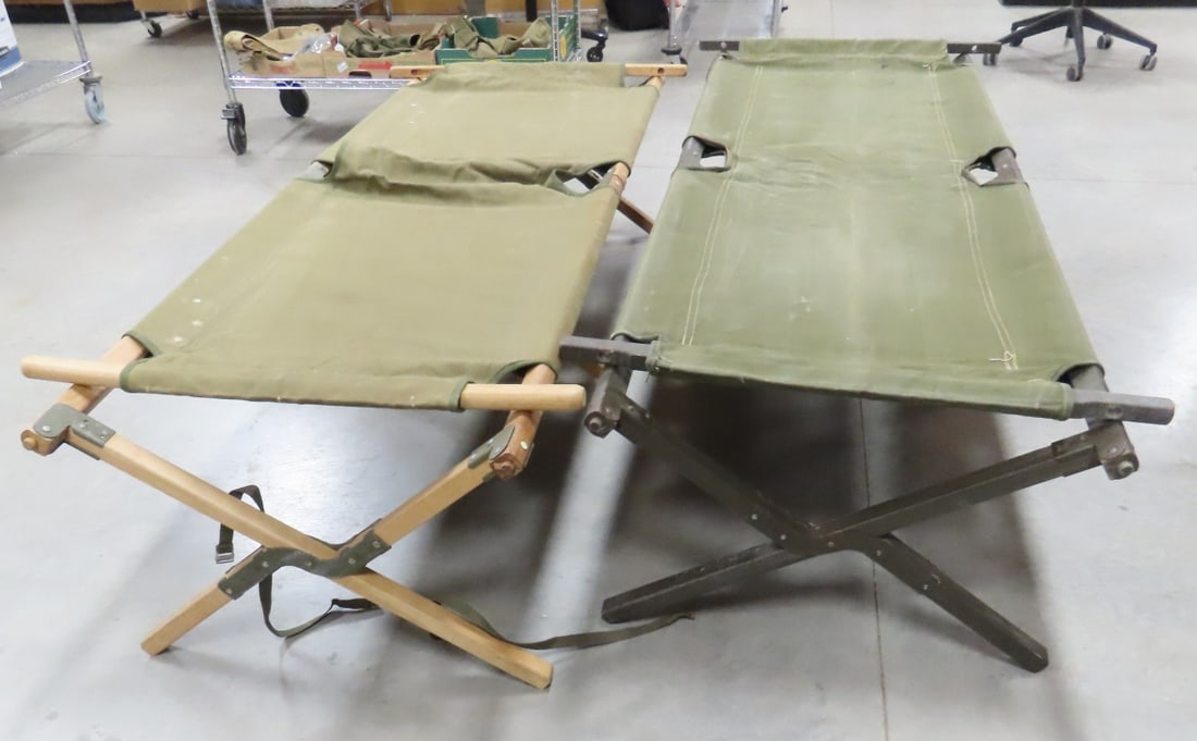 2 US Army Cots- 1 Metal & 1 Wood Frame - 2