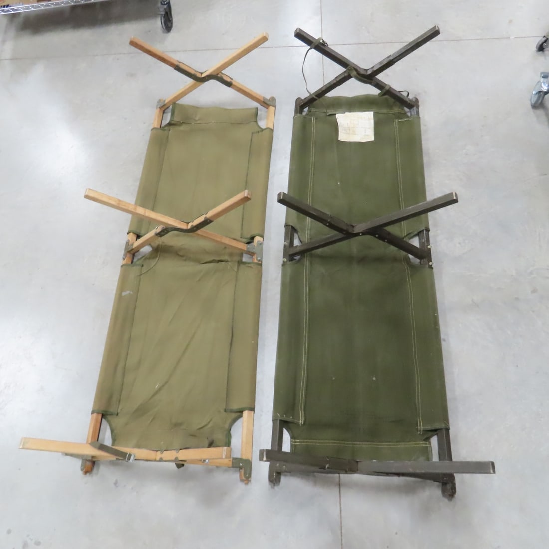 2 US Army Cots- 1 Metal & 1 Wood Frame - 3