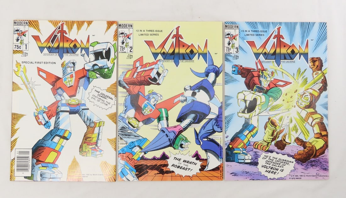 Voltron Complete Series #1-3 Modern Comics: Voltron Complete Series #1-3 Modern Comics - Voltron Defender of the Universe Lot Size 11x8x1" 1.5lbs Photos are part of description. Max of 20 photos are shown in Live Auctioneers, all are shown