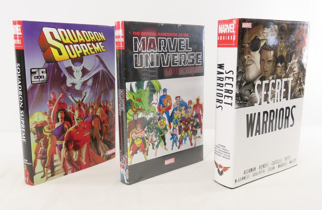 3 Marvel Omnibus HC Books. Marvel Universe sealed: 3 Marvel Omnibus HC Books. Marvel Universe sealed - Secret Warriors & Squadron Supreme used in excellent condition. Lot Size 12x8x5" 13lb Photos are part of description. Max of 20 photos are shown