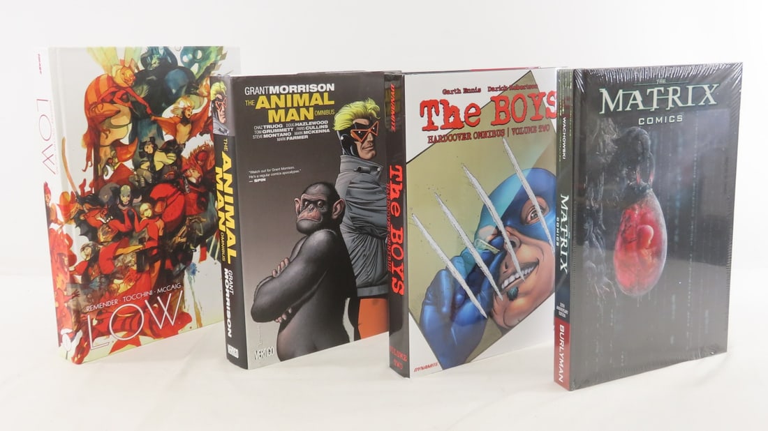 Hardcover Graphic Novels; Low, Animal Man Omnibus: Hardcover Graphic Novels; Low, Animal Man Omnibus - The Boys Vol 2 - these 3 are used and in excellent condition. The Matrix Comics 20th Anniversary edition sealed. Lot Size 13x9x6" 14lb Photos