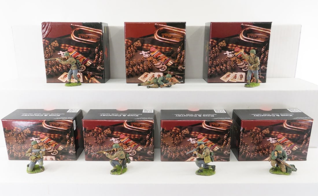 7 King & Country Metal Alloy German Soldiers: 7 King & Country Metal Alloy German Soldiers - All Soldiers in Original, Open Boxes. WS365 Squad Leader, WS368 Lying Prone w/Rifle, WS370 Kneeling Firing w/Rifle, WS369 Kneeling w/MP40, WS371 Kneeling