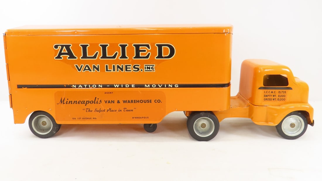Original 1953 Tonka Allied Van Lines Cab & Trailer: Original 1953 Tonka Allied Van Lines Cab & Trailer - Minneapolis Van & Warehouse stickers, minimal wear for age. Lot size: 18x13x9", 6 lbs Photos are part of description. Max of 20 photos are shown