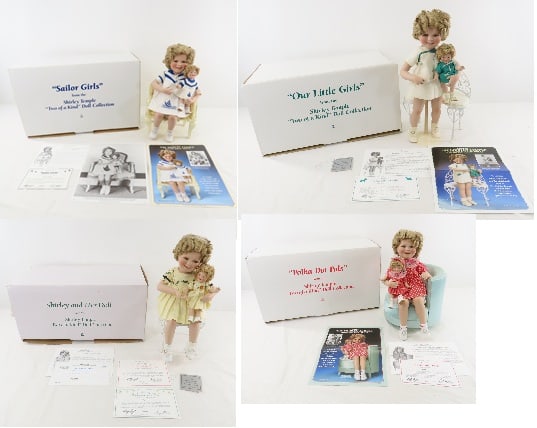 4 Shirley Temple 2 of a Kind Dolls in Box: 4 Shirley Temple 2 of a Kind Dolls in Box - Danbury Mint porcelain 1) Sailor Girls- 14" (seated) doll with 5" matching doll and chair in original boll with papers and COA. 2) Our Little Girls 14" doll