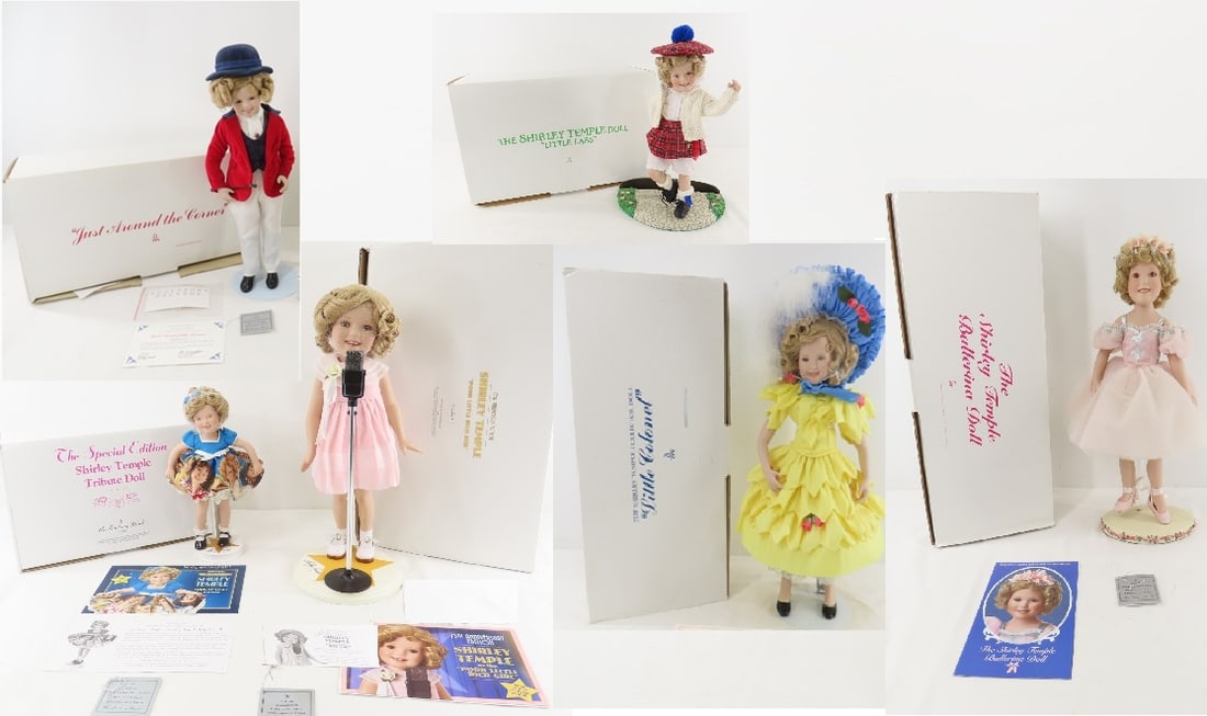 6 Shirley Temple Dolls: 6 Shirley Temple Dolls - 1) 2 1992 Shirley Temple DM Portrait Series Doll - Danbury Mint Elke Hutchens 17" porcelain, Little Colonel with stand, in original box with COA, hang tag and papers. Just Aro