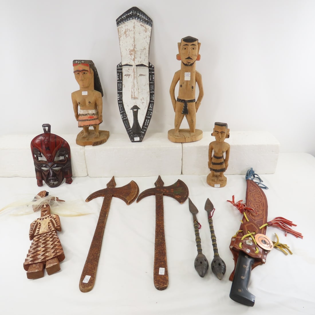 1940's Era African Tribal, Collins Machete & More: 1940's Era African Tribal, Collins Machete & More - 9" Jambo mask , 3 African figure- tallest is 13", 2 metal points, wood mask, Collins Central American machete in sheath. 2 wood souvenir axes