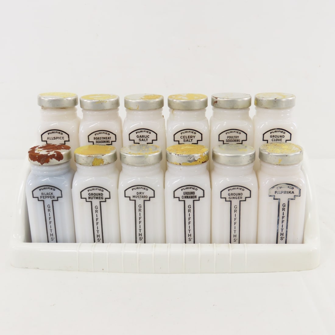 Vintage Wood Spice Drawers & Milk Glass Jars - 10