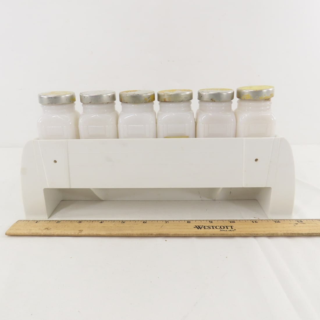 Vintage Wood Spice Drawers & Milk Glass Jars - 15