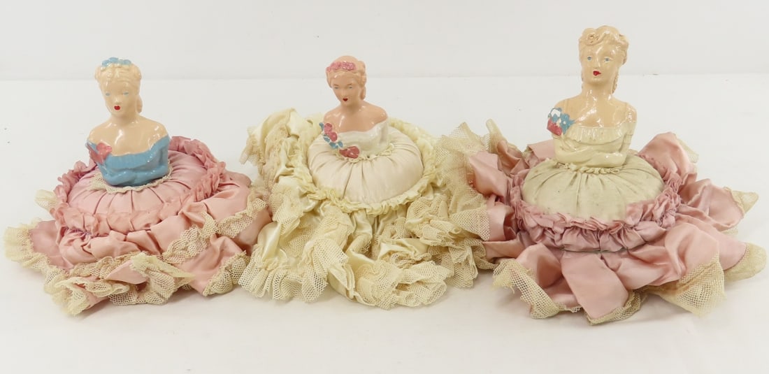 2 Victorian Chalkware Half Doll Pin Cushions: 2 Victorian Chalkware Half Doll Pin Cushions - all have some minimal flaking of paint. Lot size: 12x10x8", 1.8 lbs Photos are part of description. (Live Auctioneers only shows a max of 20 photos).