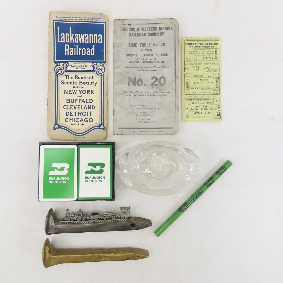Vintage Railroad Tickets, Schedule, Ashtray & More: Vintage Railroad Tickets, Schedule, Ashtray & More - Santa Fe Ashtray, 1945 Omaha Railway Tickets, Lackawanna Railroad Schedule, Decorative Railroad Spikes, Burlington Northern Playing Cards,