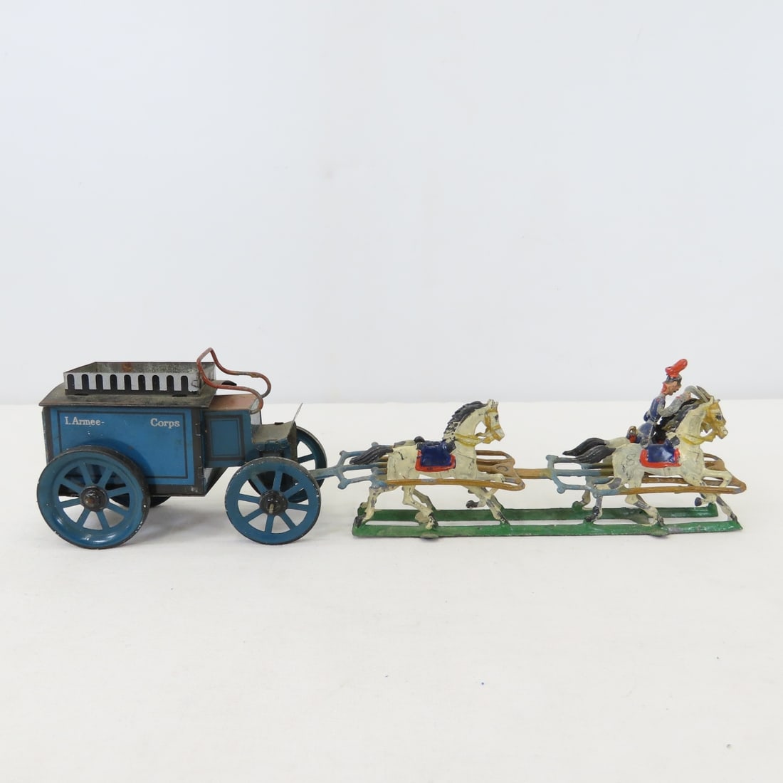 Tin & cast metal horse drawn carts, toy cannon - 6
