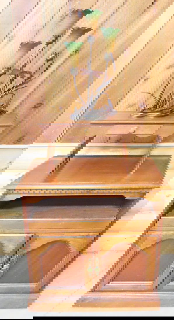 TV Console Stand, Step Stool, Replica Tiffany Lamp: TV Console Stand, Step Stool, Replica Tiffany Lamp - Gabbert's TV Stand with Pull-Out Shelf, 32 x 31 x 18", Shaker Style Step Stool, 20 x 12 x 11", Modern Replica Tiffany Style Lamp, 21 x 13 x 8",