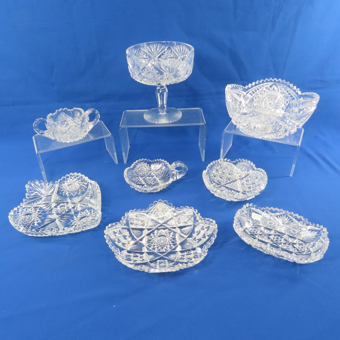 8 Pieces American Brilliant Cut & EAPG Glass: 8 Pieces American Brilliant Cut & EAPG Glass - 8.75" scalloped edge bowl, 7" rectangle dish (small chip on edge), 8" heart shape dish, double handle sugar bowl, single handle dish, 8.5" scalloped