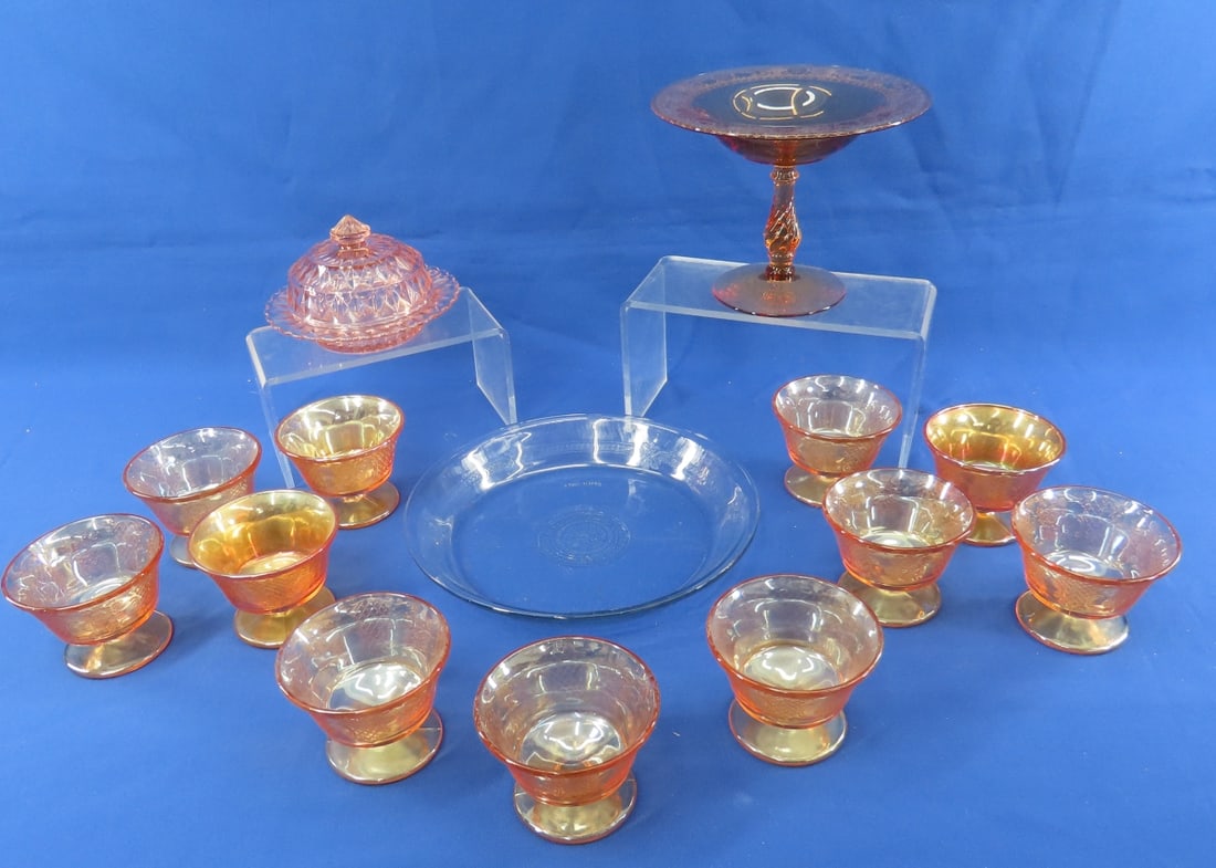 Vintage Fostoria, Carnival & Depression Glass: Vintage Fostoria, Carnival & Depression Glass - Fostoria Royal Amber 7.5x6" pedestal dish clear 9.75" Fire-King pie plate, 11 3" Federal Normandie marigold carnival glass pedestal bowls, pink