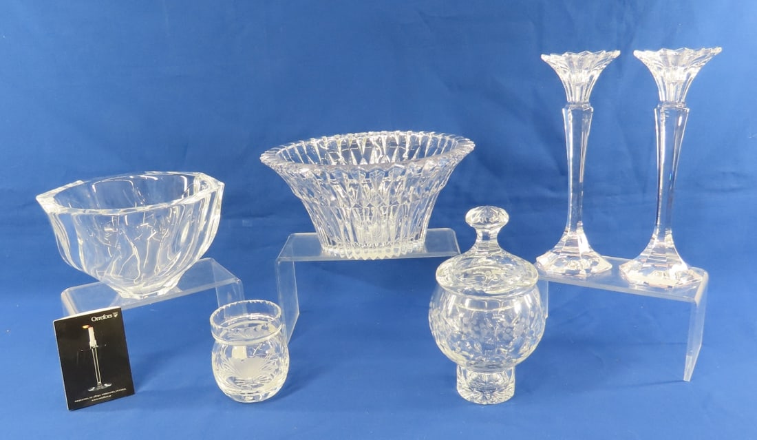 Mikasa, Orrefors & Other Crystal: Mikasa, Orrefors & Other Crystal - 7.5" Orrefors signed bowl with sticker & brochure, Mikasa Diamond Brilliance 10" bowl, pair of 10" Mikasa Excelsior candlesticks, 3.75" England Royal Brierly