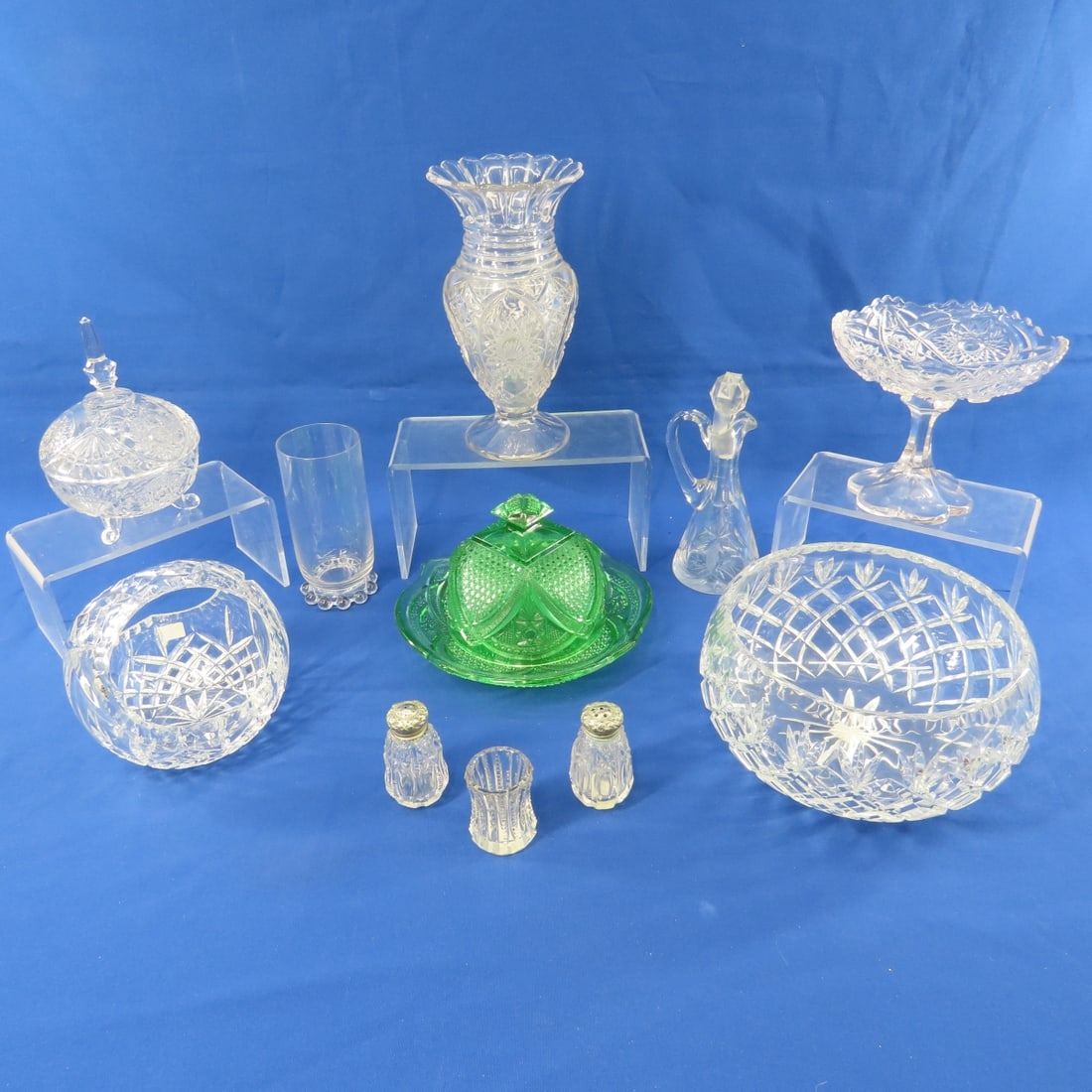 Antique American Glass and Crystal: Antique American Glass and Crystal - Green 8.5" US Glass butter dish, 3" salt & peppers, 2" toothpick holders, 8" crystal bowl, 6" crystal basket, 6" pressed glass pedestal bowl, 4.5x7" lidded