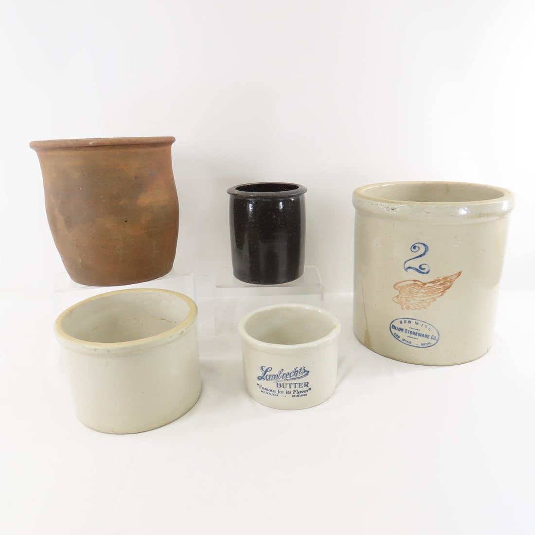 2 Gallon Red Wing Crock, Lambrechts Butter & Other: 2 Gallon Red Wing Crock, Lambrechts Butter & Other - 2 Gallon Red Wing Crock, Lambrecht's Butter Advertising Crock, Chicago. 3 Unmarked Crocks. Red Wing is 10" tall. Lot Size: 16 x 15 x 10", 23