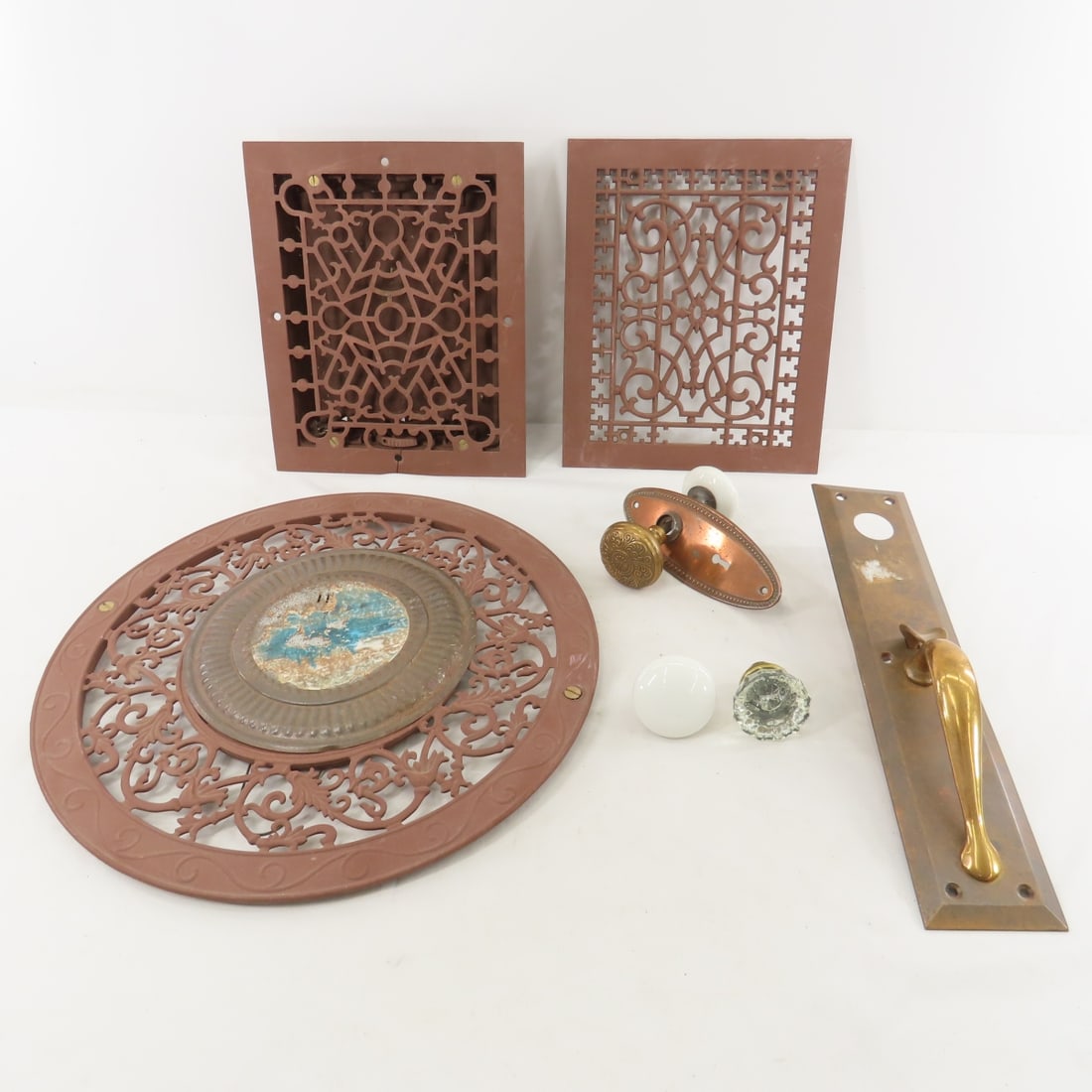 Tuttle & Bailey Cast Iron Register Grates & Collar: Tuttle & Bailey Cast Iron Register Grates & Collar - Victorian Register Grates and Stove Pipe Collar. Round Chimney Collar Grate. Round Collar is 15.5". One of the floor grates is cracked by screw