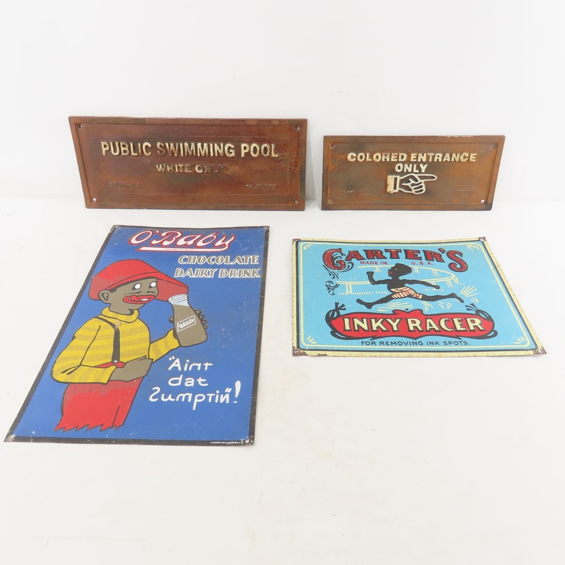 Public Swimming Pool & Colored Only Signs: Public Swimming Pool & Colored Only Signs - 1931 Selma, AL "Public Swimming Pool White Only" cast iron sign 14.5x6". 1932 Atlanta, GA "Colored Only entrance" cast iron sign 11x4.75". And tin