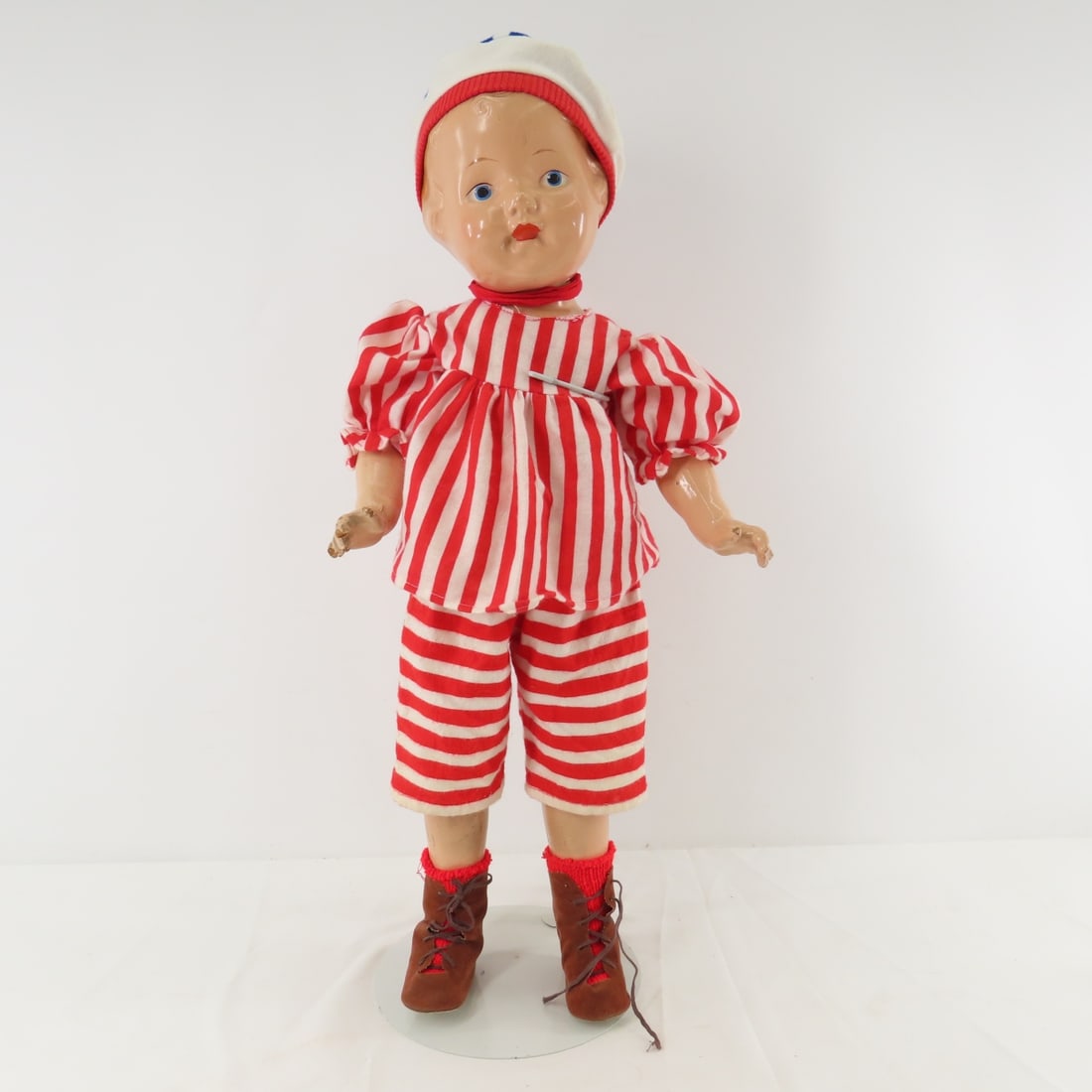 1930's All Compo 23" Patsy Style Doll: 1930's All Compo 23" Patsy Style Doll - unmarked, molded hair, painted face, all compo- some damage to fingers, modern outfit, on stand. All have been displayed- may not be complete or all