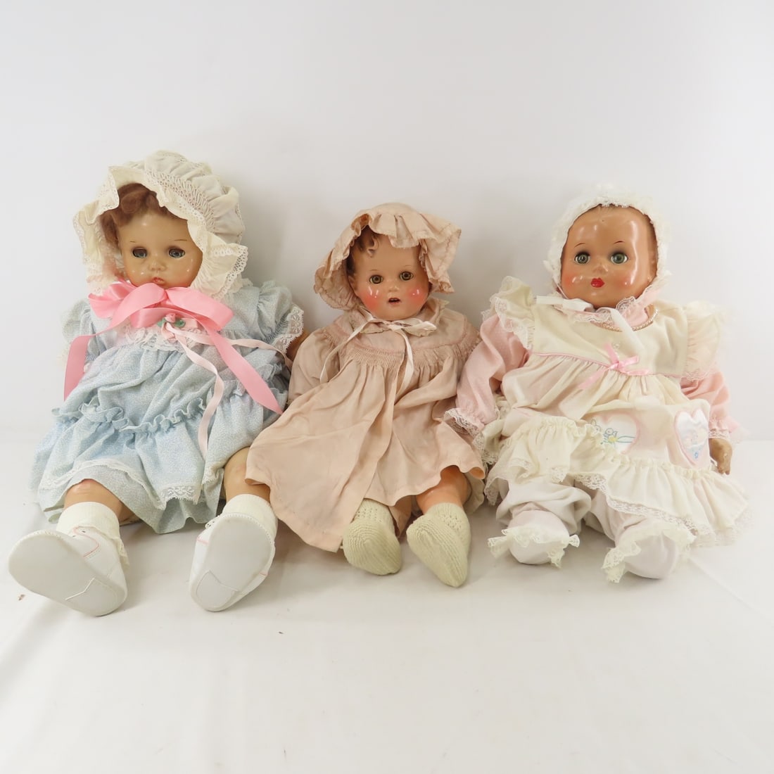 3 Unmarked Antique Compo Head Baby Dolls: 3 Unmarked Antique Compo Head Baby Dolls - All 3 are unmarked compo heads with sleep eyes and lashes, arms & legs with cloth bodies and criers. 1) 18" molded hair, open mouth teeth- some crazing-