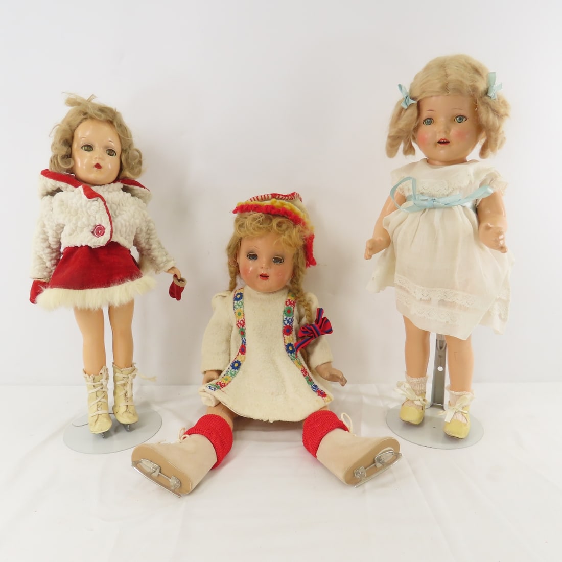 Madame Alexander & 2 Other Composition Dolls: Madame Alexander & 2 Other Composition Dolls - All 3 are all compo and have mohair wig, sleep eyes with lashes.1) 14" Madame Alexander Sonja Henie style- brown eyes with lashes have some damage,