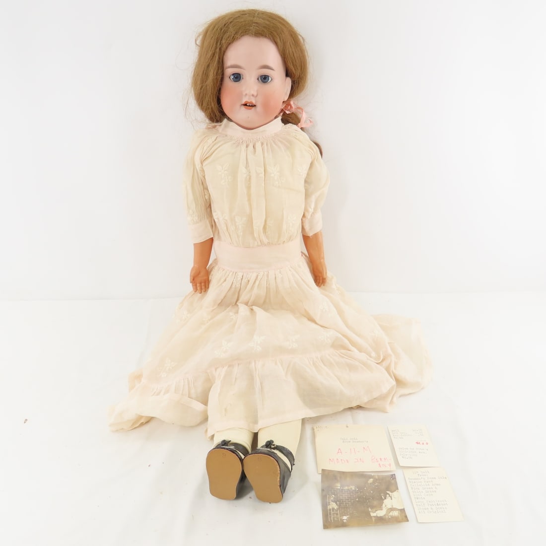 32" Antique A. Marseilles Bisque Head Doll: 32" Antique A. Marseilles Bisque Head Doll - 32" doll with bisque shoulder head marked: A 11 M Made in Germany with sleep eyes, painted lashes, open mouth with teeth, chin dimple, hair wig. Kid leathe