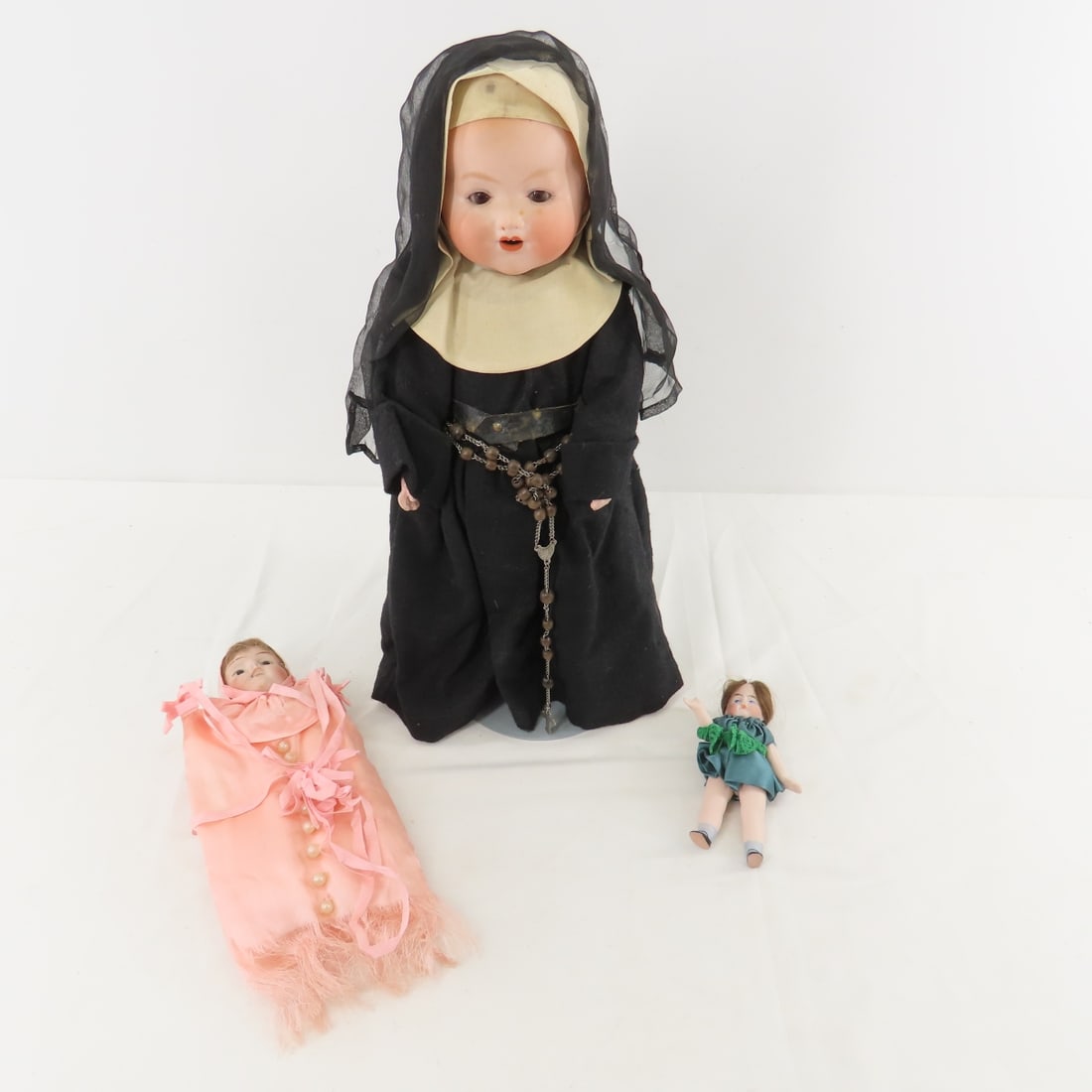 Antique A. Marseilles Bisque Head Nun Doll & More: Antique A. Marseilles Bisque Head Nun Doll & More - 1) 14" Nun doll with bisque shoulder head marked: AM Germany 352 12 1/2, sleep eyes, open mouth with teeth, cloth body with compo hands, original ou