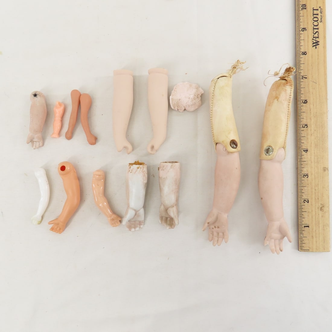 5 Antique Bisque Heads and 2 Cloth Doll Bodies - 18