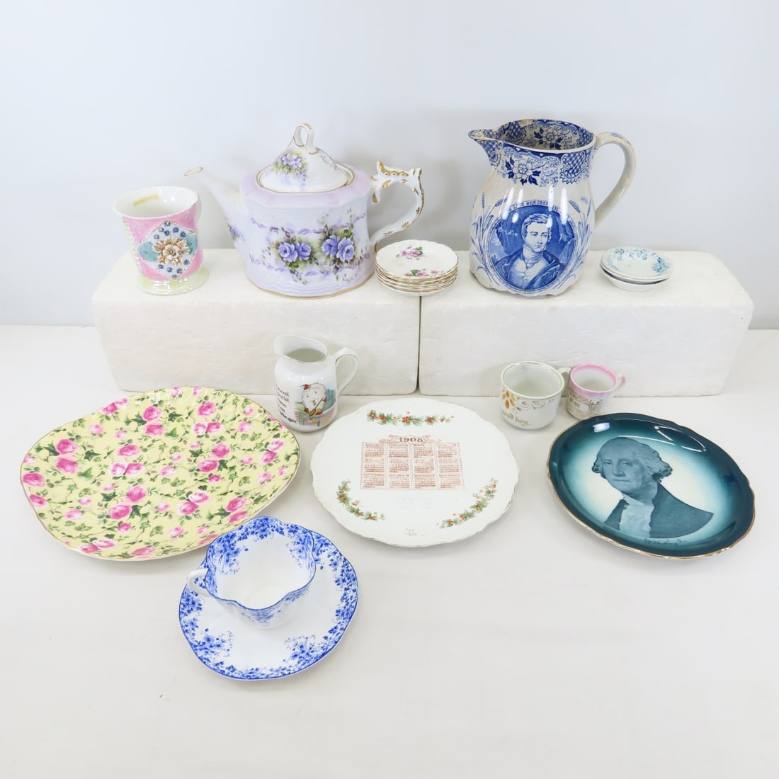 Shelley Teacup & Saucer, Drayton Manor Pitcher: Shelley Teacup & Saucer, Drayton Manor Pitcher - 9th-century cream-ground ceramic pitcher commemorating the Sir Robert Peel era at Drayton Manor England & other ceramic cups and plates, China