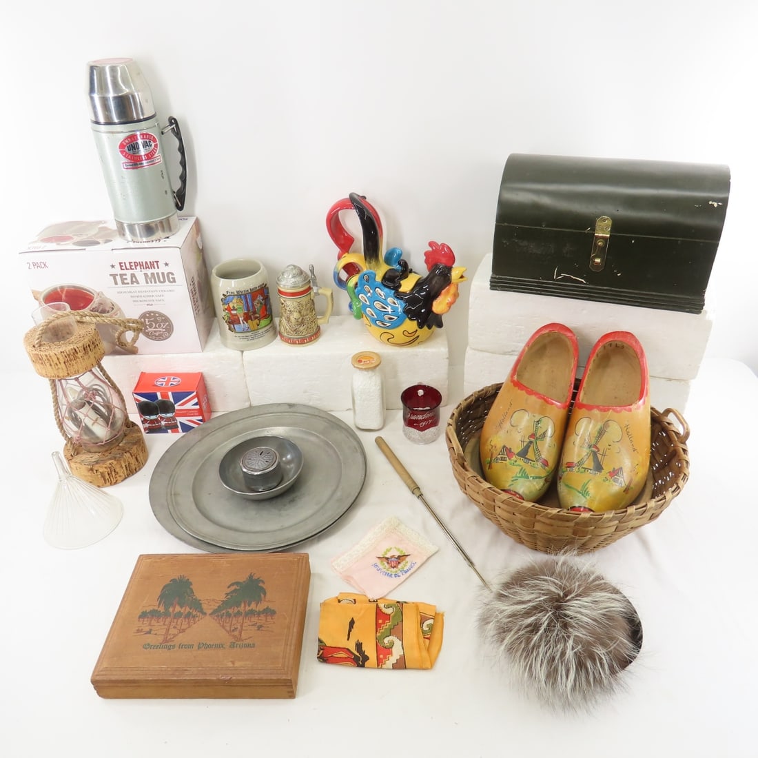 Pewter Plates, Wooden Boxes, Milk Bottle & More: Pewter Plates, Wooden Boxes, Milk Bottle & More - Milk Bottle with Fair Oaks Dairy Top, Wooden Shoes, 2 Pewter Plates and Bowl, 2 decorative wood boxes, Wicker Basket, Wooden Bowl, Elephant Tea Mug, C