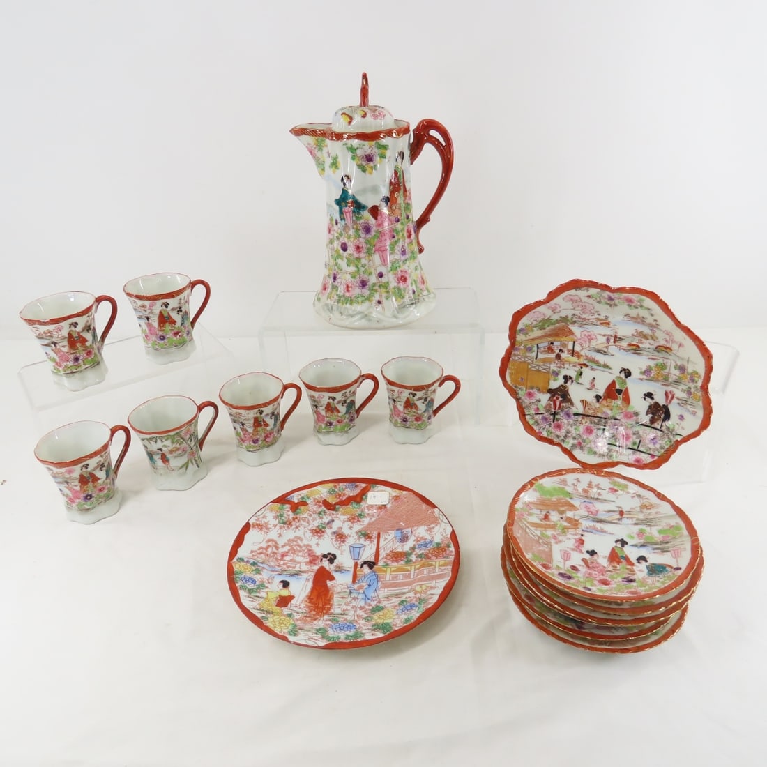 Vintage Japanese tee/chocolate set.: Vintage Japanese tee/chocolate set. - unmarked, teapot with lid, 6 saucers, 7 cups, 2 additional plates. Lot Size 14x10x10 7lb Photos are part of description. (Live Auctioneers only shows a max of 20