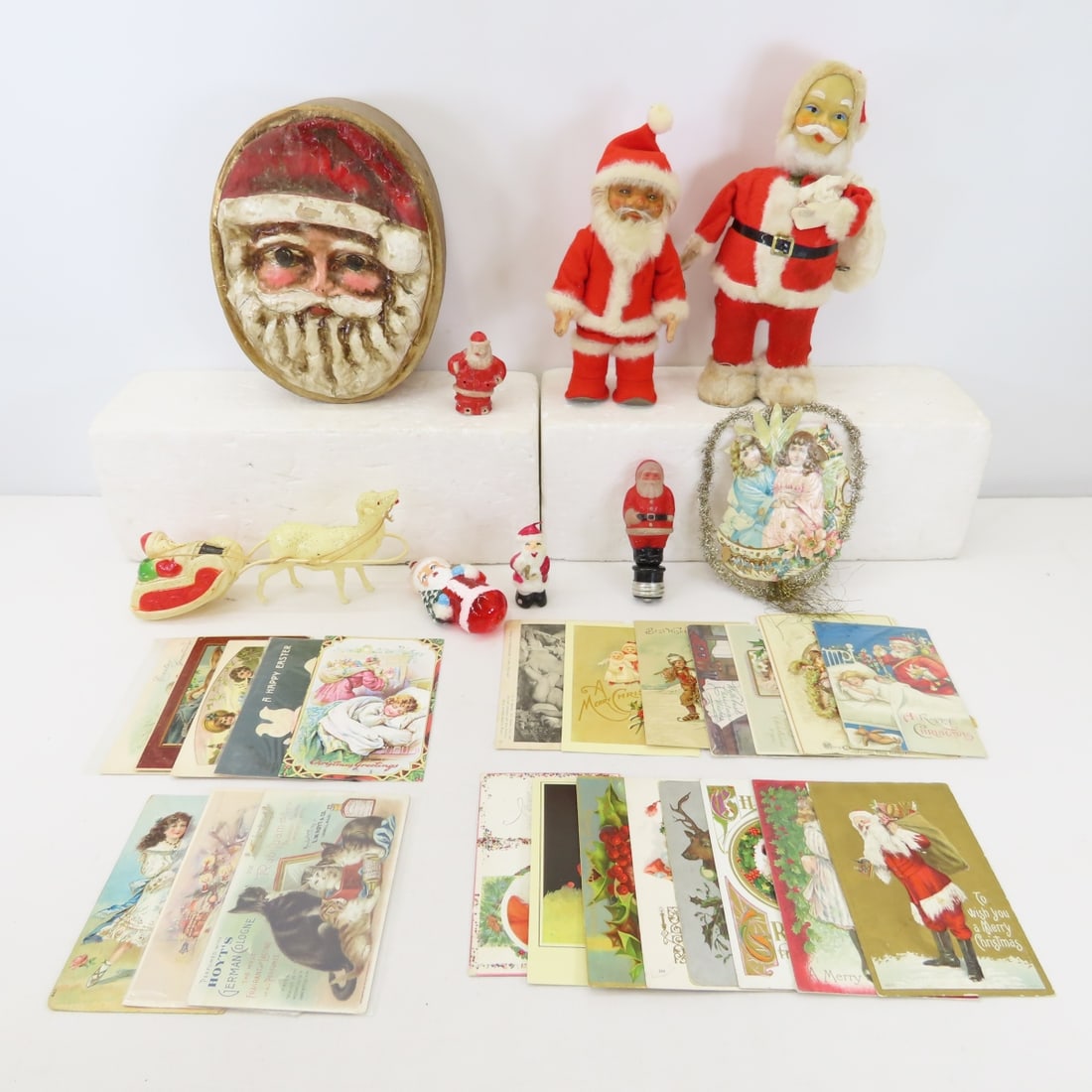 Vintage Steiff Santa, Windup Bell Ringing Santa: Vintage Steiff Santa, Windup Bell Ringing Santa - German Glass Santa ornament, Christmas & other holiday postcards, paper mache Santa box and more. Windup Santa does work. Santa Light Bulb doesn't
