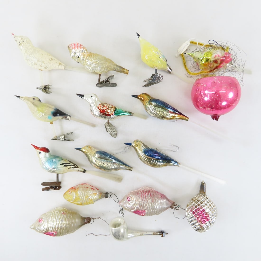 Antique German Blown Glass Ornaments, Birds, Fish: Antique German Blown Glass Ornaments, Birds, Fish - pipe & other ornament & a bird on a nest bulb. 15 pieces total, some with damage and/or paint loss. Clip on and hanging bird ornaments. LOT SIZE
