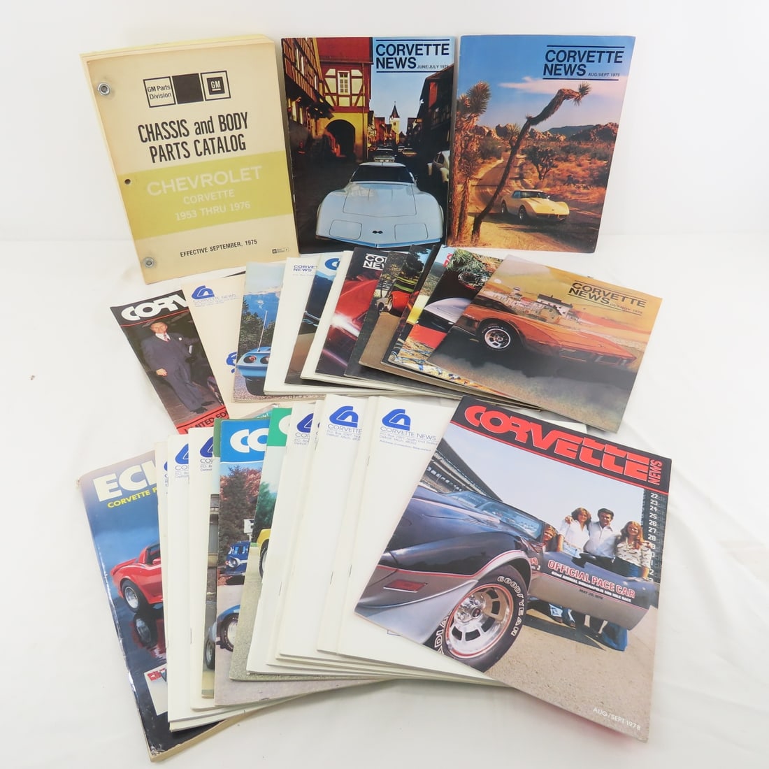 Corvette Parts Catalog 1953-76 & 30 Corvette News: Corvette Parts Catalog 1953-76 & 30 Corvette News - Magazines 1975-1980. LOT SIZE 11x8x6" 10 LB Photos are part of description. (Live Auctioneers only shows a max of 20 photos). Please ask questions