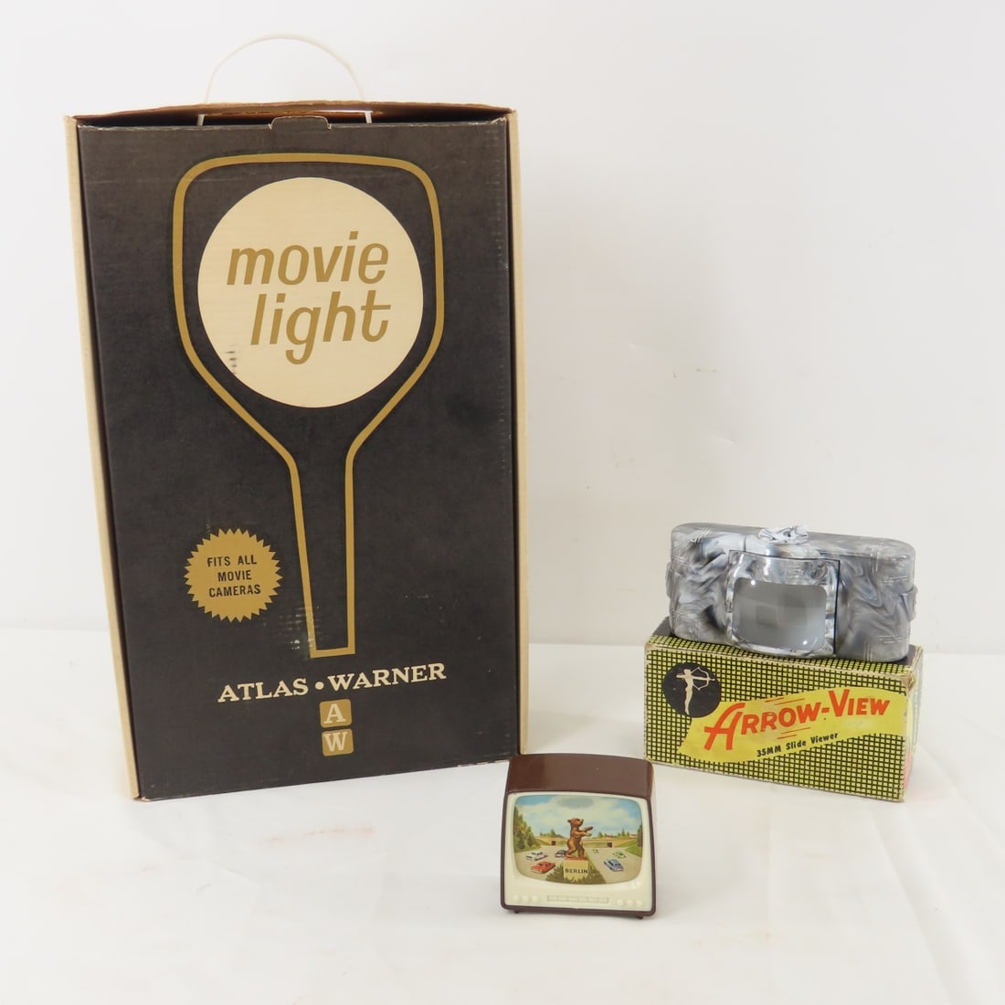 Vintage Movielight, Arrow View Slide Viewer & More: Vintage Movielight, Arrow View Slide Viewer & More - Berlin Souvenir Slide Viewer TV marked Made in Western Germany & GES GESCH. LOT SIZE 14X10X6" 5 LB Photos are part of description. (Live
