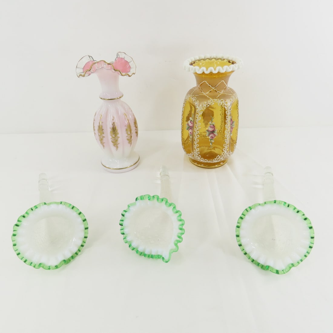 Fenton Epergne's and 2 Fenton Vases: Fenton Epergne's and 2 Fenton Vases - Tyndale Rose Crest Melon Vase 9", Amber Snowcrest Charleton Vase 8.5". LOT SIZE 12X12X12" 7 LB Photos are part of description. (Live Auctioneers only shows a