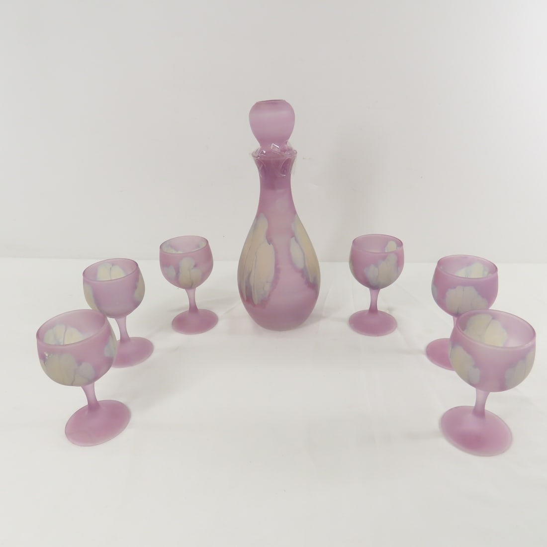 Rueven Style Art Nouveau Decanter & 6 Glass Set: Rueven Style Art Nouveau Decanter & 6 Glass Set - LOT SIZE 12X12X12" 5 LB Photos are part of description. (Live Auctioneers only shows a max of 20 photos). Please ask questions and read terms &