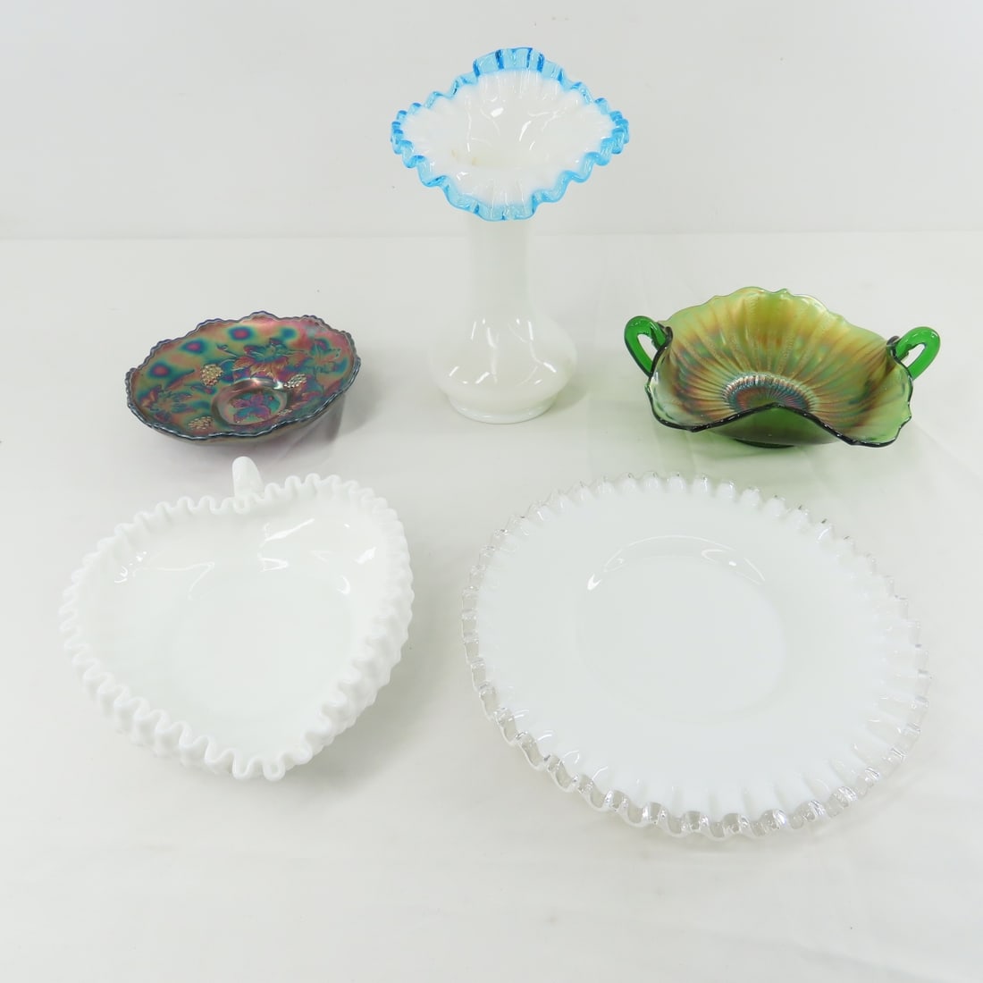 Fenton Aqua Crest Vase, Bowls & Plate: Fenton Aqua Crest Vase, Bowls & Plate - Fenton Aqua Crest Jack in Pulpit Vase, Grape & Cable, Striped Rays bowl, Hobnail Milk Glass Heart bowl. LOT SIZE 12X12X12" 8 LB Photos are part of