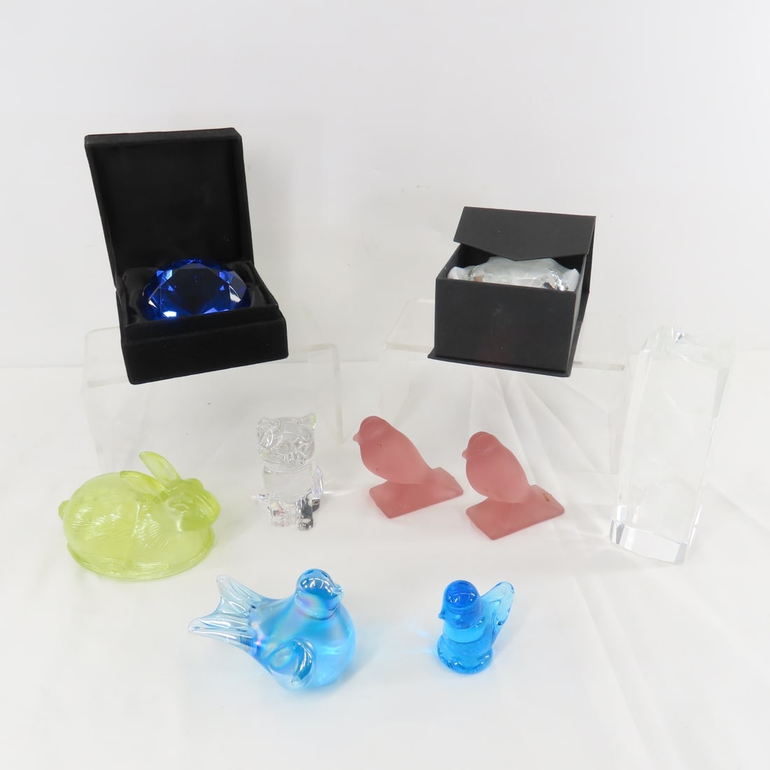 Fenton & Other Glass Animals & Paperweights: Fenton & Other Glass Animals & Paperweights - laser etched Tinkerbell, 2 pink satin glass birds, Fenton clear glass cat, small blue Ron Ray blue bird, large blue Roman of Japan blue bird,