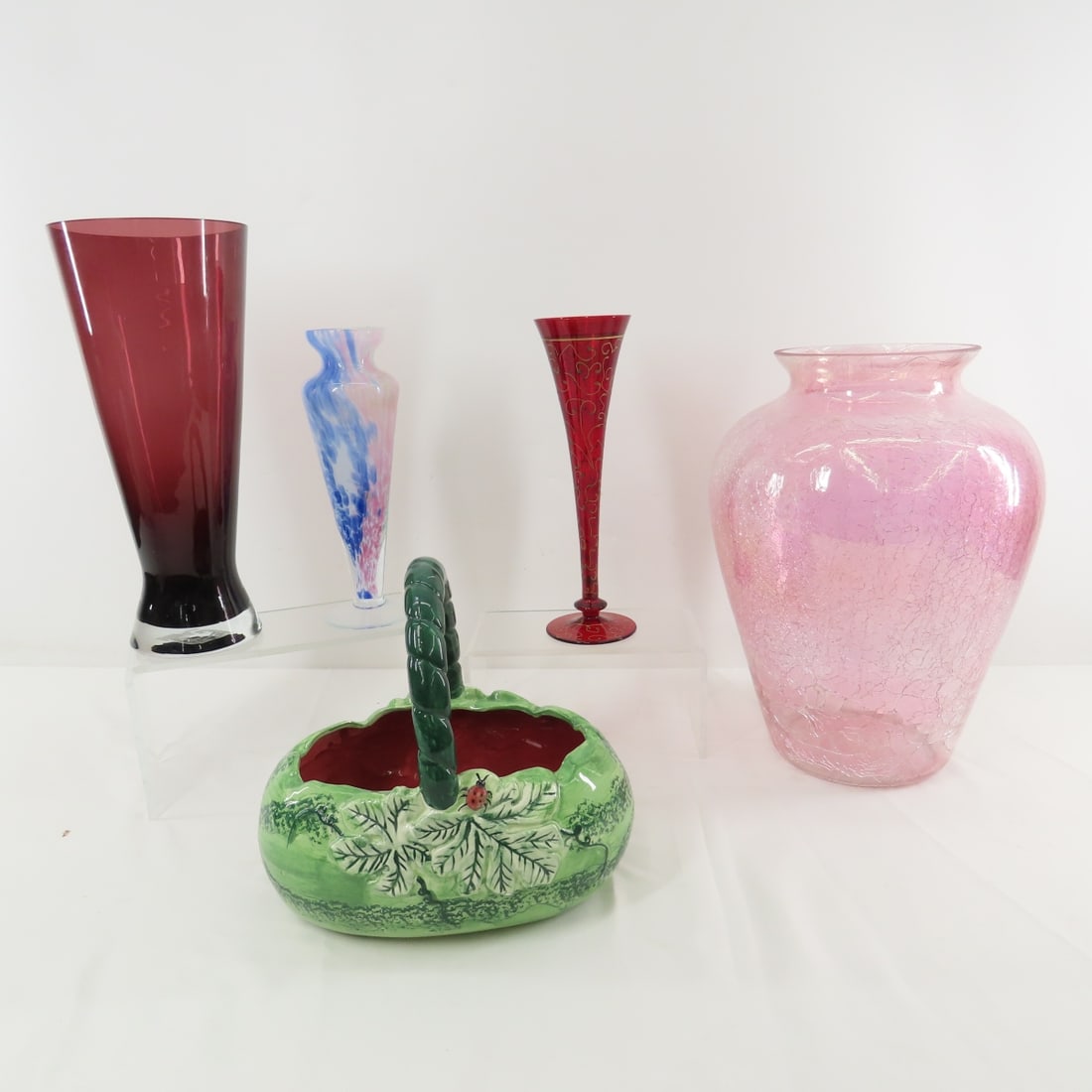 Modern Glass and Ceramic Decor Pieces: Modern Glass and Ceramic Decor Pieces - pink crackle glass vase, gold painted red glass champagne flute, purple Murano style glass vase, pink & blue speckled glass vase, and ceramic basket made in