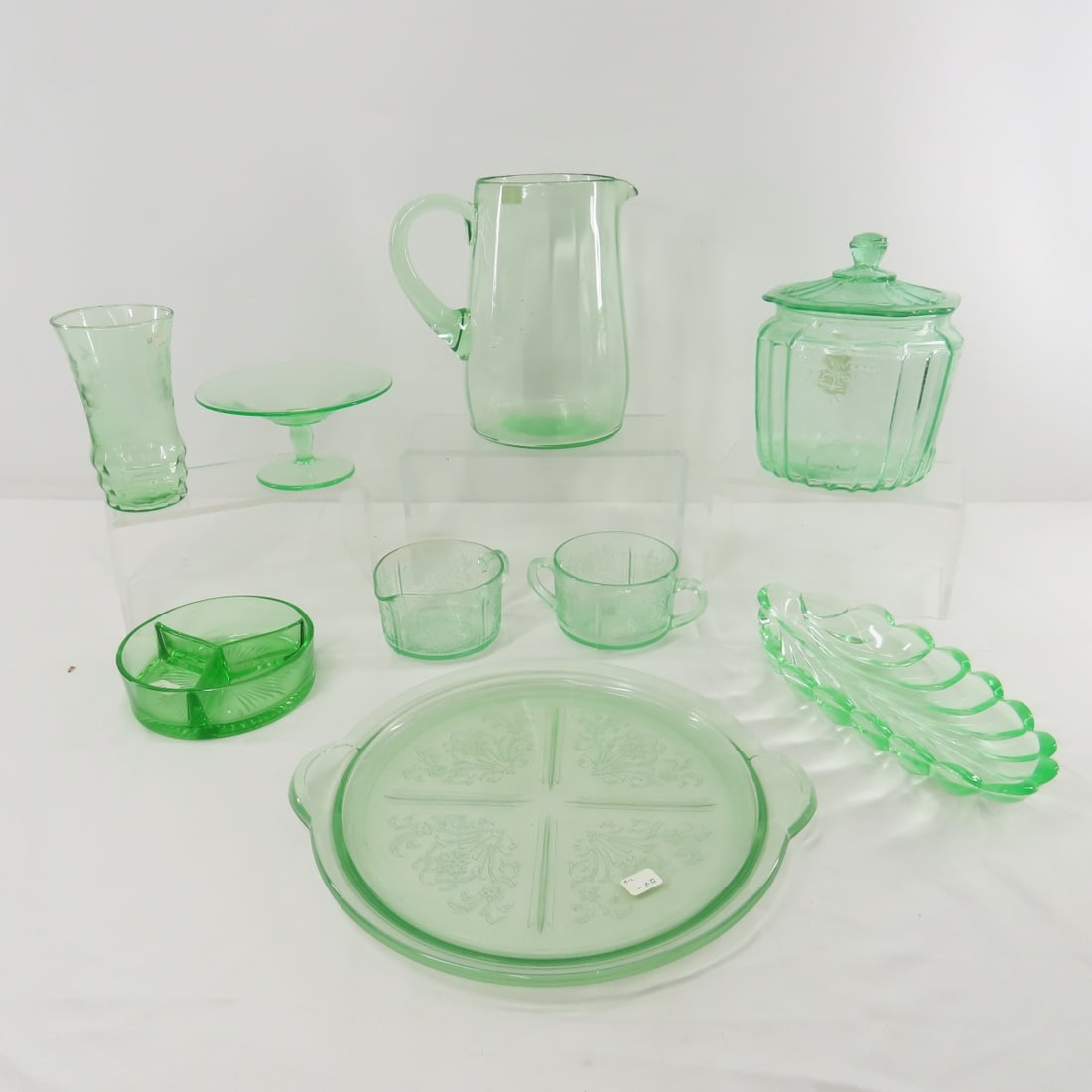Vintage Vaseline & Other Green Glass: Vintage Vaseline & Other Green Glass - Mayfair open rose biscuit, US Glass Primo, Bagley & more. Pitcher measures 7.75" tall. LOT SIZE 20X20X20" 15 LB Photos are part of description. (Live