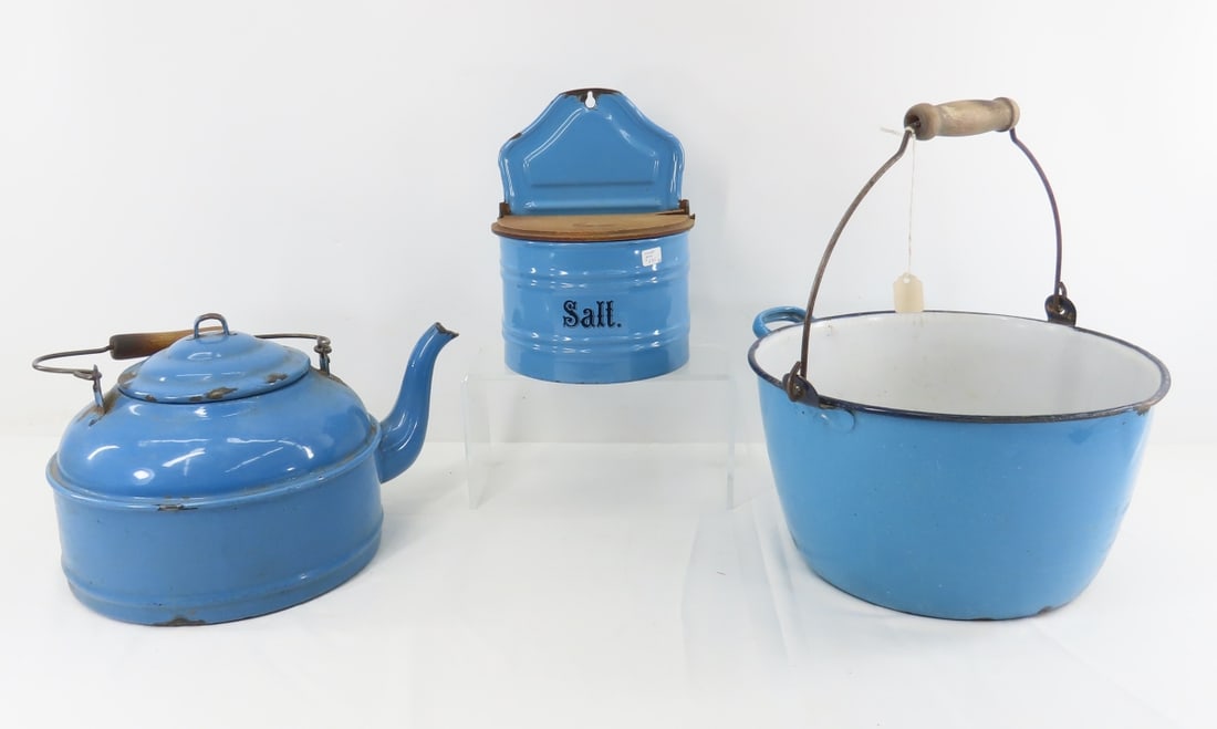 Blue Enamel Salt, Tea/Coffee pot & more: Blue Enamel Salt, Tea/Coffee pot & more - LOT SIZE 16X16X12" 10 LB Photos are part of description. (Live Auctioneers only shows a max of 20 photos). Please ask questions and read terms & conditions