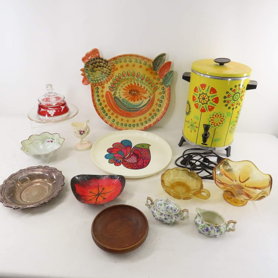 Ruby Glass Butter Dish, Glassware & Coffee Pot: Ruby Glass Butter Dish, Glassware & Coffee Pot - West Bend 3526 Coffee Peculator, Lefton China, Ruby Red Tarentum Glass Butter Dish, Sheridan Silver Plated Bowl, 1969 Deka Plastics Partridge Tray,