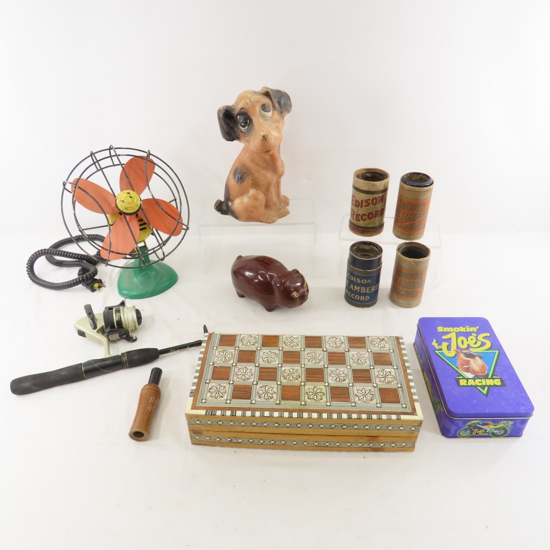 Edison Cylinder Records, Fan, Camel Matches & More: Edison Cylinder Records, Fan, Camel Matches & More - 32 Piece Hand Carved Chess Set with Wood Case/Board, Vintage Tabletop Fan(untested), Camel Cigarette Tin with Matches, 4 Edison Cylinder Phonograph